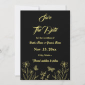 Save The Date Romantique élégante fleur d'or noir mariage (Devant)