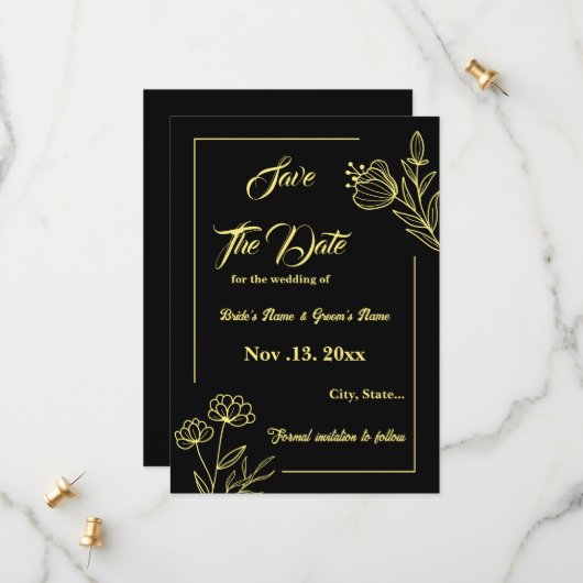 Save The Date Romantique élégante fleur d'or noir mariage (Devant/Arrière en situation)