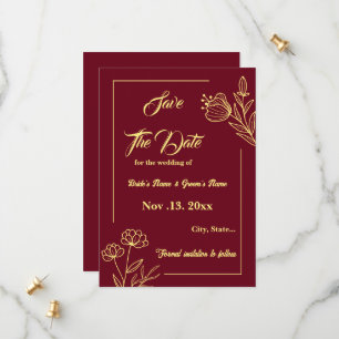 Save The Date Romantique élégante fleur or bordeaux mariage