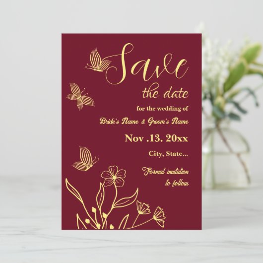 Save The Date Romantique élégante fleur or bordeaux mariage (Debout devant)