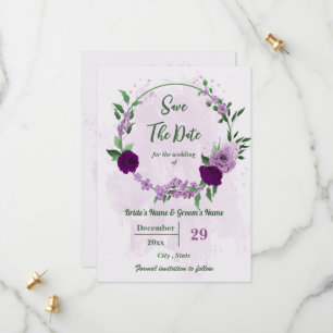 Save The Date Romantique fleurs violet vert mariage