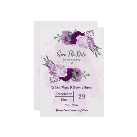 Save The Date Romantique fleurs violet vert mariage (Devant/Arrière en situation)