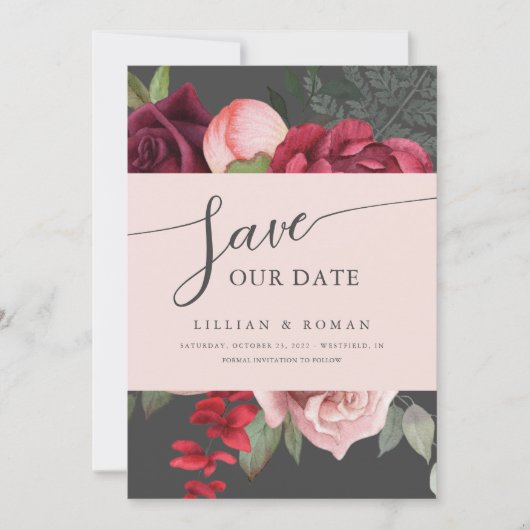 Save The Date Romantique Floral Briquet Mariage rose et gris (Devant)