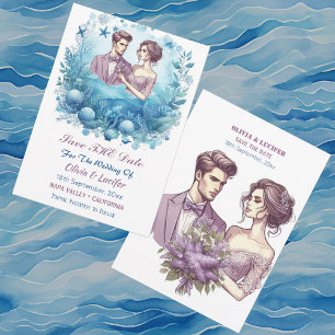Save The Date Romantique Ocean Wave Purple Blue Starfish mollusq