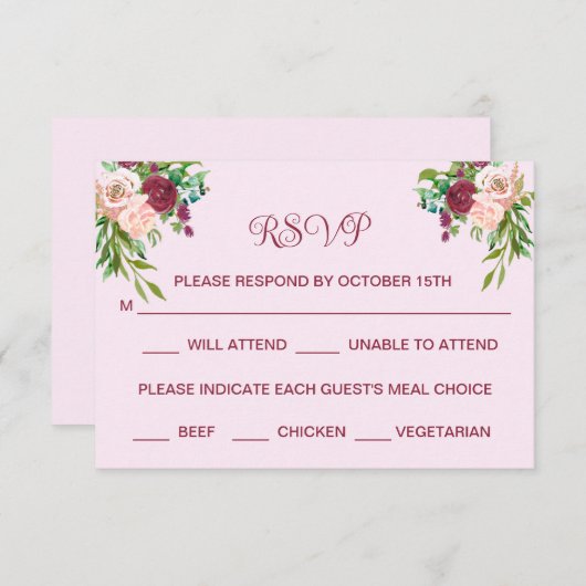 Save The Date Romantique Plum Bourgogne Blush Rose Mariage RSVP (Devant / Derrière)
