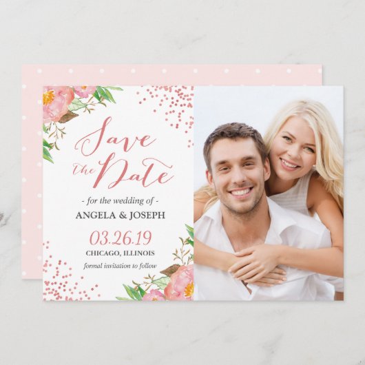 Save The Date Romantique rose floral Confetti Photo Enregistrer (Devant / Derrière)