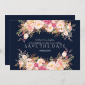 Save The Date Romantique rose rose Fleurs blanches Marine Mariag (Devant / Derrière)