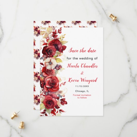 Save The Date Romantique Roses Rouges Mariage Floral (Devant/Arrière en situation)
