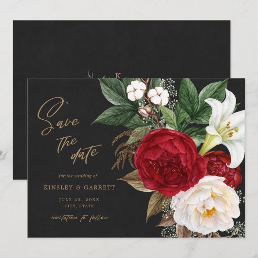 Save The Date Romantique Rouge Floral Bouquet Noir & Or Mariage  (Devant / Derrière)