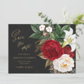 Save The Date Romantique Rouge Floral Bouquet Noir & Or Mariage  (Debout devant)