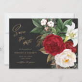 Save The Date Romantique Rouge Floral Bouquet Noir & Or Mariage  (Devant)