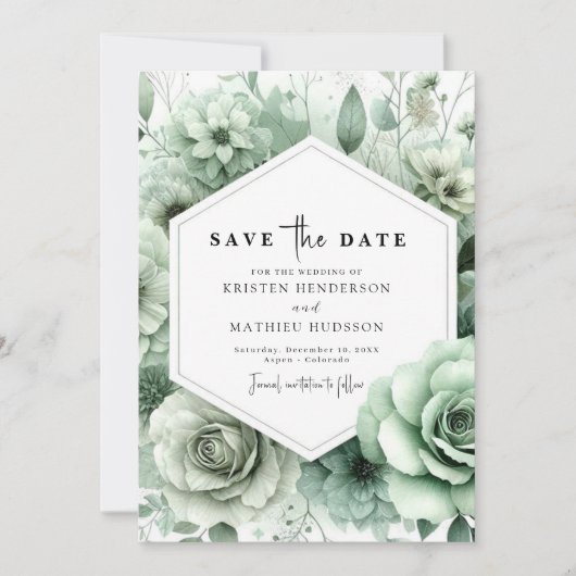 Save The Date Romantique Unique Floral Sage Mariage vert (Devant)