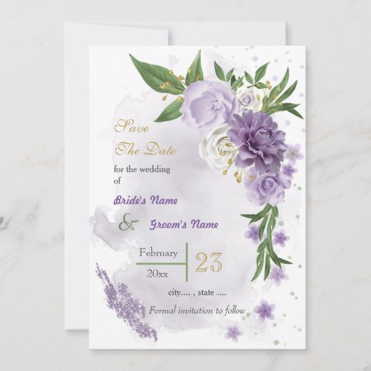 Save The Date Romantique violet fleurs blanches vert (Devant)