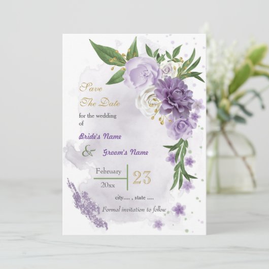 Save The Date Romantique violet fleurs blanches vert (Debout devant)