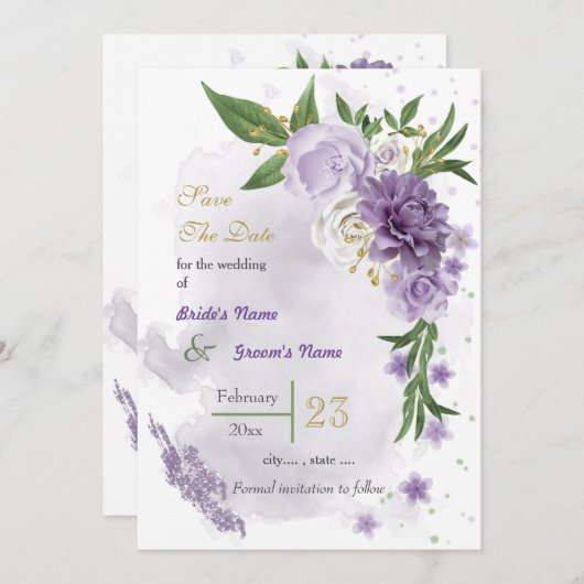 Save The Date Romantique violet fleurs blanches vert (Devant / Derrière)