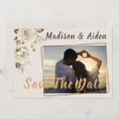 Save the date | Romantische witte rustieke Rozen Aankondiging (Voorkant / Achterkant)