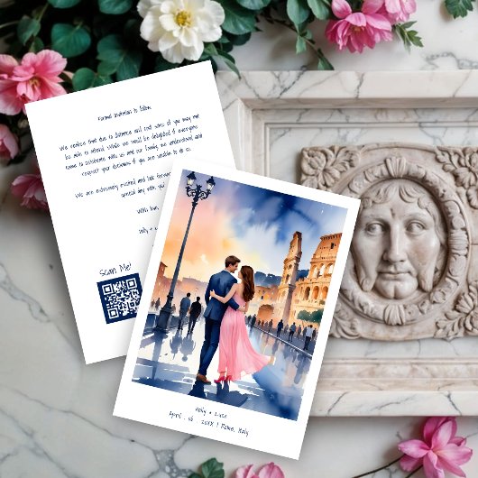 Save The Date Rome Coliseum Colorful Cityscape Wedding Couple