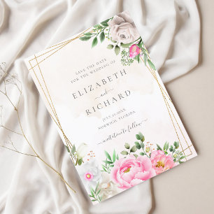 Save The Date Rose aquarelle floral géométrique doré mariage