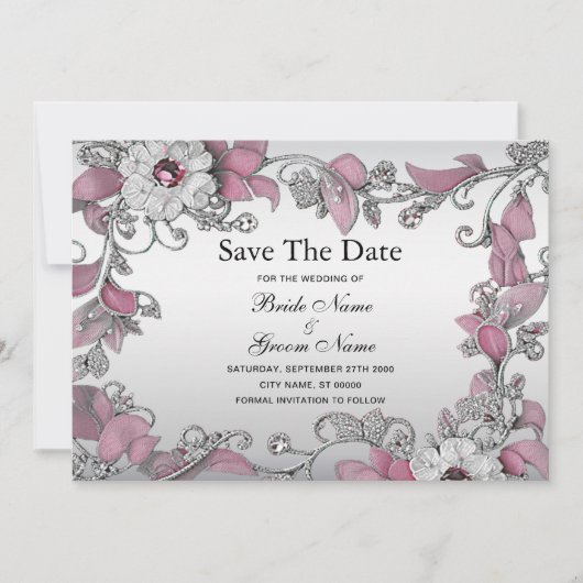 Save The Date Rose Argent Blanc Floral Enregistrer La Date (Devant)