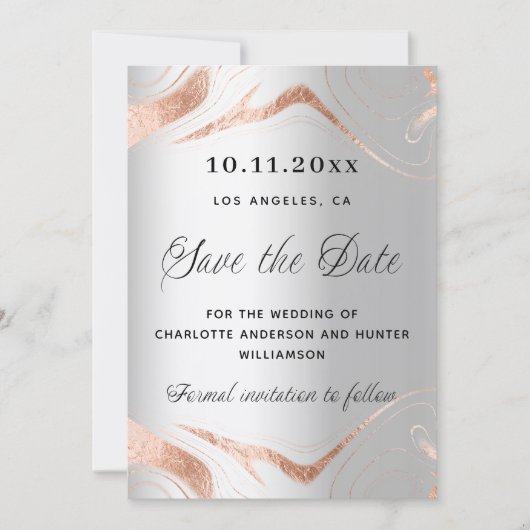 Save The Date Rose argent marbre or moderne QR code mariage (Devant)