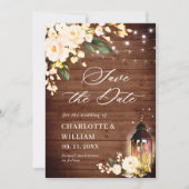 Save The Date Rose blanc Lanterne Rustique Bois Mariage code QR (Devant)