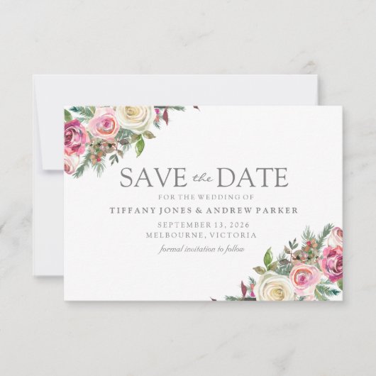 Save The Date Rose & Blanc Roses Floral Enregistrer La Date (Devant)