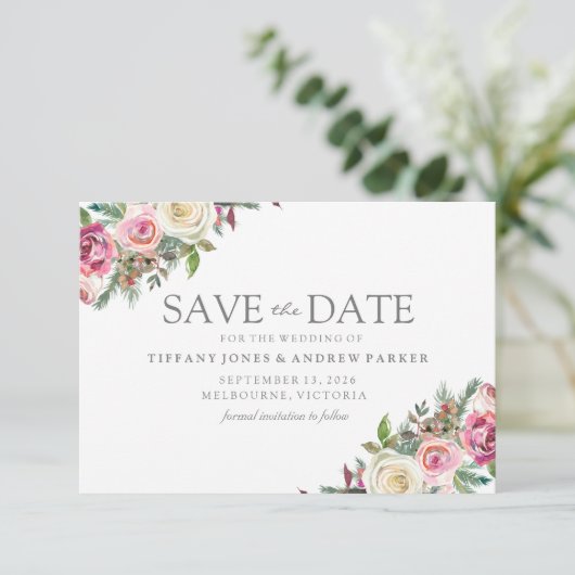 Save The Date Rose & Blanc Roses Floral Enregistrer La Date (Debout devant)