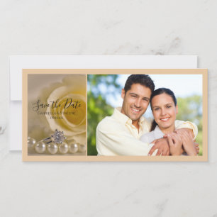 Save The Date Rose blanche, anneau et perles mariage Enregistrer