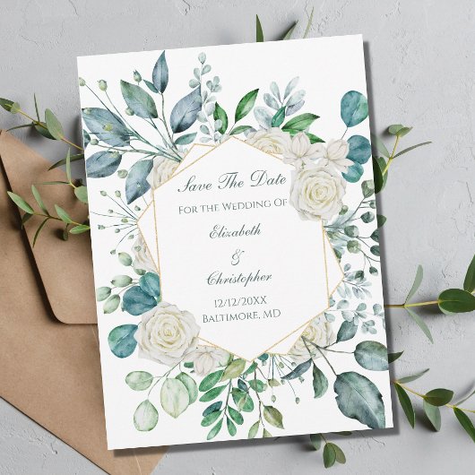 Save The Date Rose blanche verdure Eucalyptus Mariage 