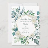 Save The Date Rose blanche verdure Eucalyptus Mariage  (Devant)