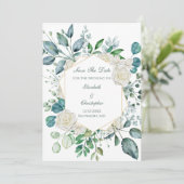 Save The Date Rose blanche verdure Eucalyptus Mariage  (Debout devant)