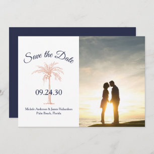Save The Date Rose bleu marine Gold Cuivre Palm Tree Mariage pho