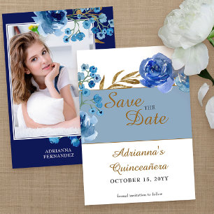 Save The Date Rose bleue royale et feuille d'or Quinceanera Phot