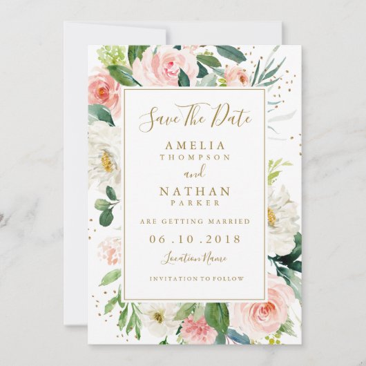 Save The Date Rose Blush Gold Floral Mariage Enregistrer La Date (Devant)