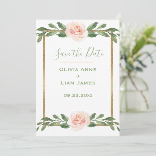 Save The Date Rose Blush Romantique Floral Élégant Script Or (Debout devant)
