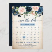 Save The Date Rose botanique rose et bleu marine à annoncer pour (Devant / Derrière)