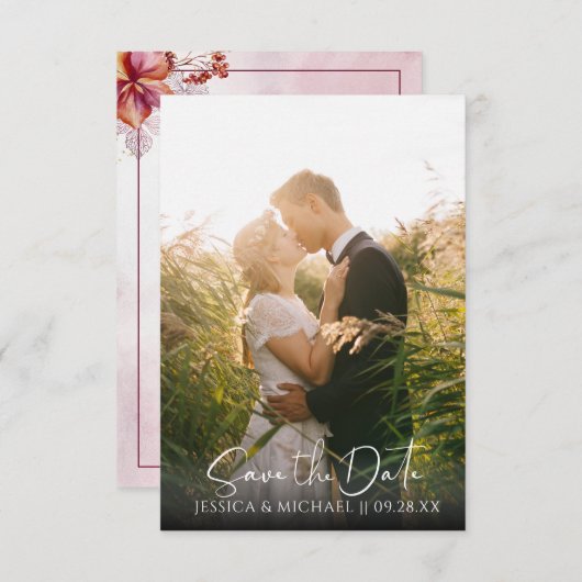 Save The Date Rose Bourgogne Gold Aquarelle Fleurs Feuilles Phot (Devant / Derrière)