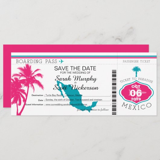 Save The Date Rose chaud et Turquoise Enregistrer la date au Mex (Devant / Derrière)