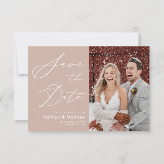 Save The Date Rose clair moderne photo Élégant Mariage de script (Devant)