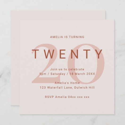 Save The Date Rose contemporain 20e anniversaire de fête Invitat (Devant / Derrière)