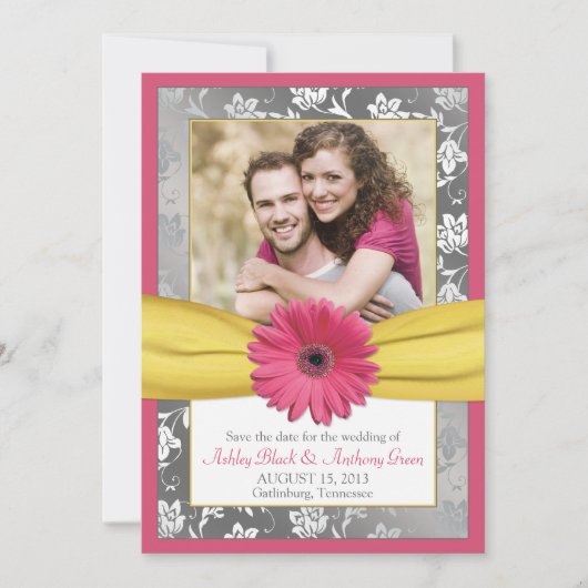 Save The Date Rose Daisy Grey Yellow Damask Photo Enregistrer la (Devant)