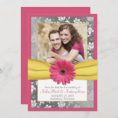 Save The Date Rose Daisy Grey Yellow Damask Photo Enregistrer la (Devant / Derrière)