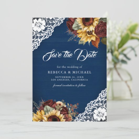 Save The Date Rose de Bourgogne Sunflower Navy QR Code Mariage P (Debout devant)