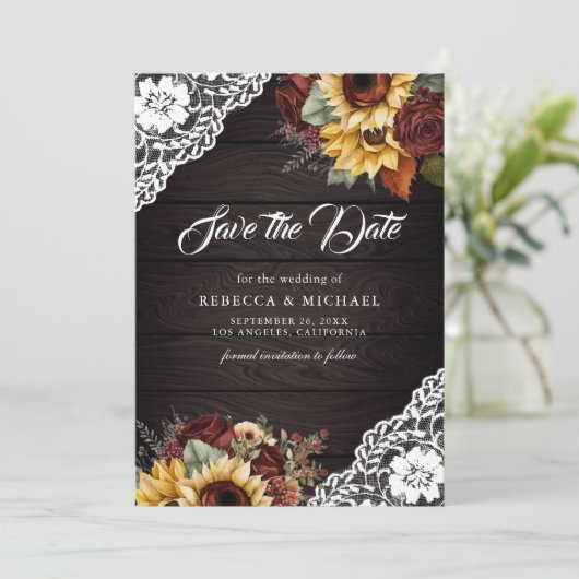 Save The Date Rose de Bourgogne Sunflower Wood QR Code Mariage P (Debout devant)