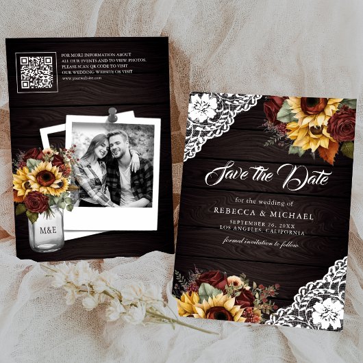 Save The Date Rose de Bourgogne Sunflower Wood QR Code Mariage P