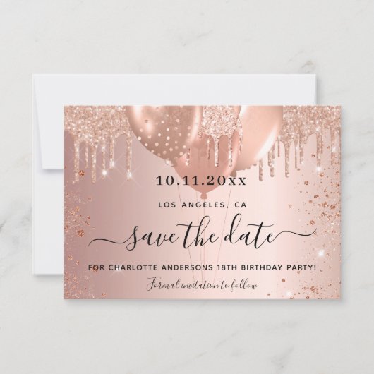 Save The Date Rose de fête d'anniversaire or enregistrer la date (Devant)
