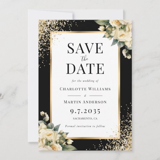 Save The Date Rose d'ivoire d'or noir Confetti Mariage floral (Devant)