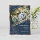 Save The Date Rose d'or Feuille Mariage matt de la marine classi (Debout devant)