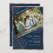 Save The Date Rose d'or Feuille Mariage matt de la marine classi (Devant / Derrière)