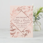 Save The Date Rose doré élégant aux fleurs roses et feuilles (Debout devant)